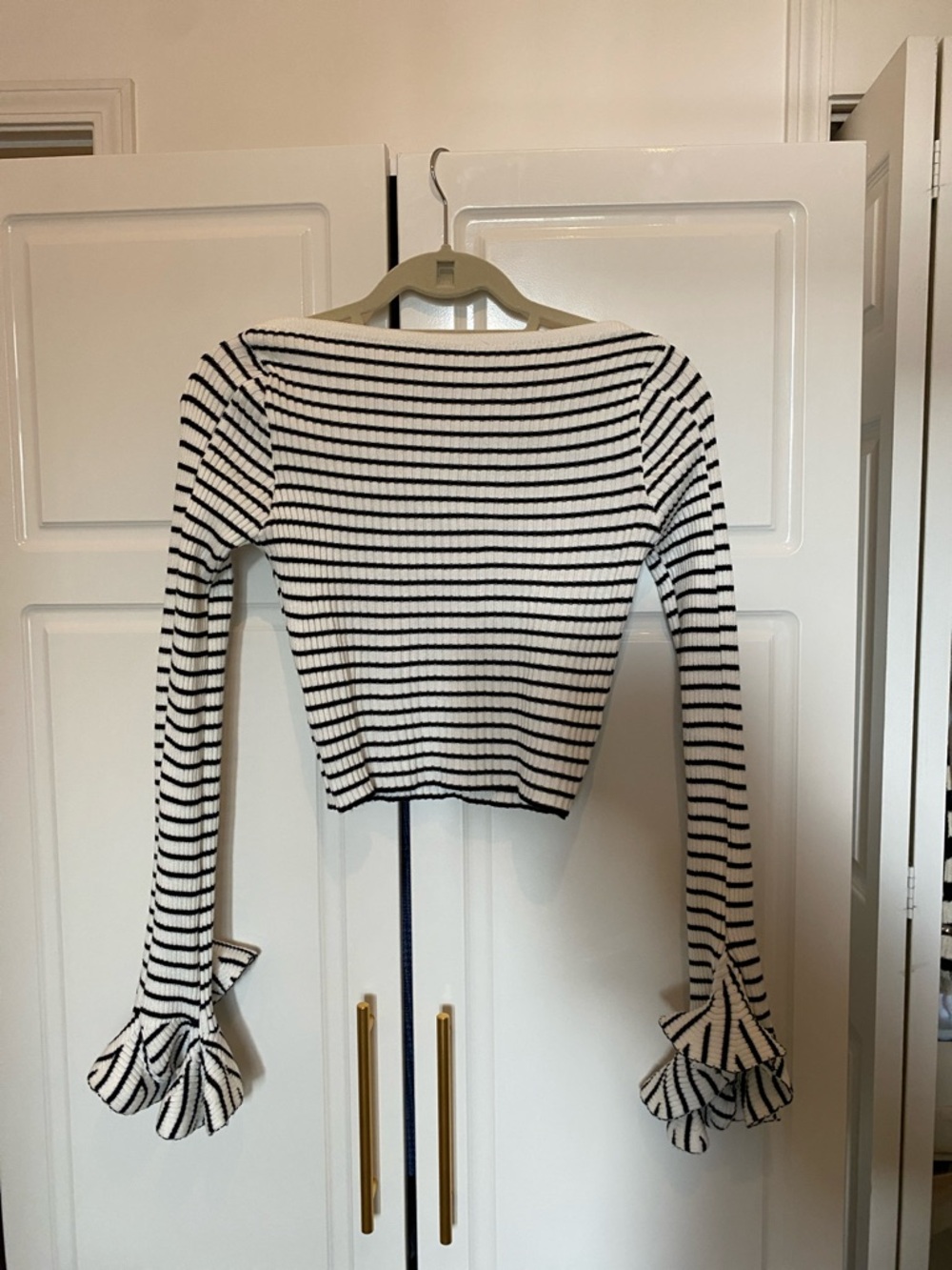 Striped Ribbed Long-Sleeve Crop Top in Black and White